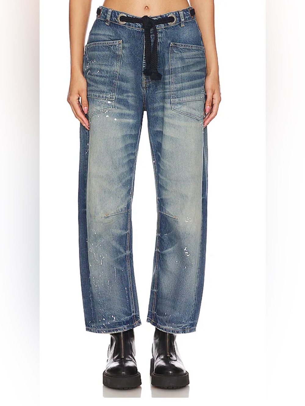 We The Free People Moxie Pull On Barrel Jeans 31 Boho Blue Black Cord Belt NWOT